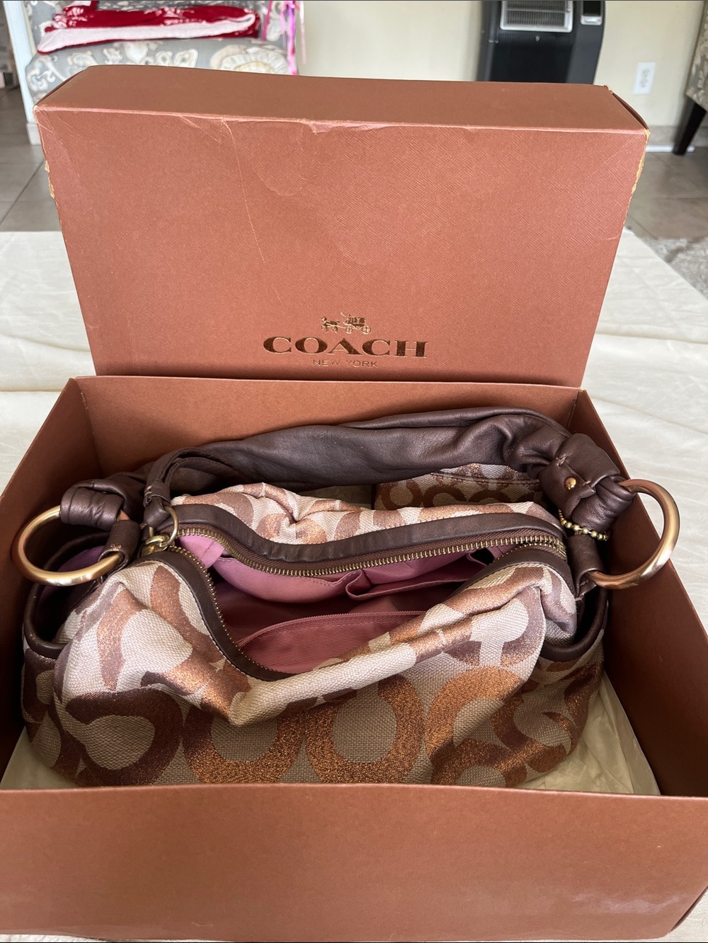Coach Brown and Pink Signature Jacquard Crossbody with Coin Pouch - Picture 10 of 10